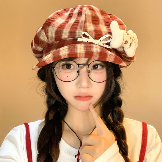 QUEEN TRIP Cute Kitten Bow Plaid Beret Women's Face Revealing Small Flap Octagon Hat Big Head Newsboy Painter Hat Red-Kitten Bow Plaid Beret