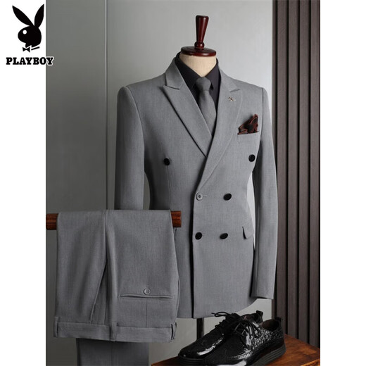 Playboy suit men's British style double-breasted high-end business casual suit three-piece groom's wedding dress men's medium gray (suit + pants) L 50