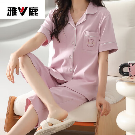雅鹿夏季睡衣女纯棉短袖七分裤可外穿休闲开衫大码家居服两件套装 NX9898 3XL