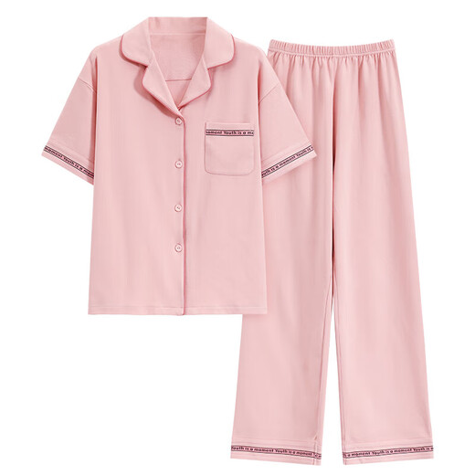 2025 New Pajamas Women Summer Short Sleeve Cotton Suit Cardigan Cute Summer Pants Cartoon Casual Season Home Clothes 9737 Pink XL 120-140Jin Jin is equal to 0.5 kg