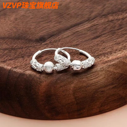 VZVP Old Phoenix Pure Silver 9999 Pure Silver Earrings Women's Wangfu Transfer Bead Earrings Simple Hypoallergenic Earrings Slimming 8.9g Premium Solid Each Person Can Only Purchase One Pair Fat Donglai
