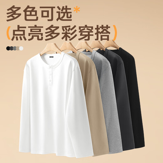 MINISO bottoming shirt men's autumn Japanese style lazy and relaxed long-sleeved antibacterial loose casual henley collar t-shirt black M