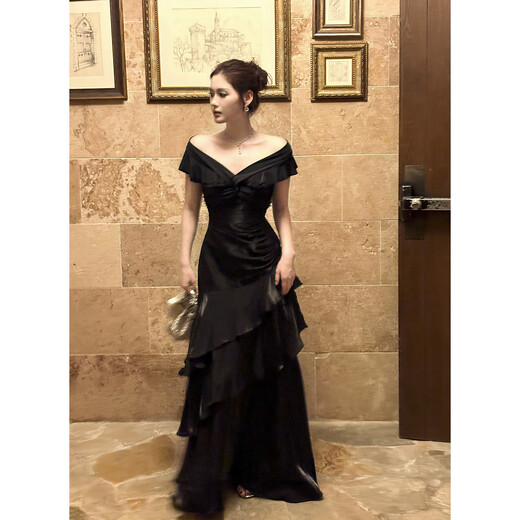 GJFDGood Job Rubens Holiday French black one-shoulder light luxury dress niche dress fishtail skirt porcelain black L