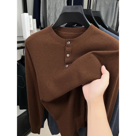 EMZ Ordos high-end worsted wool sweater men's Henry round neck casual fashion thin sweater spring and autumn wool dark red brown M