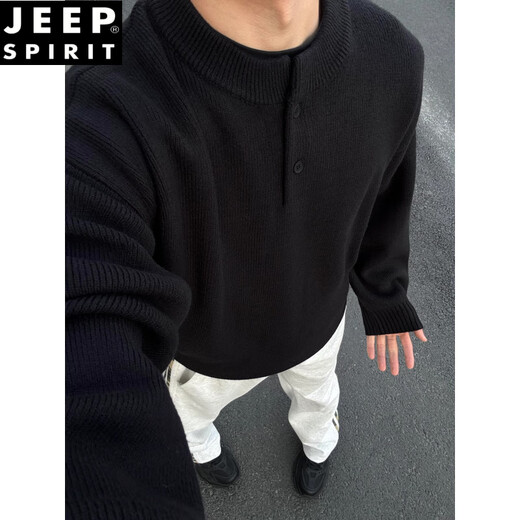 JEEP SPIRIT black Henry collar sweater men's spring and autumn mature and stable POLO knitted bottoming shirt lazy style inner sweater black M