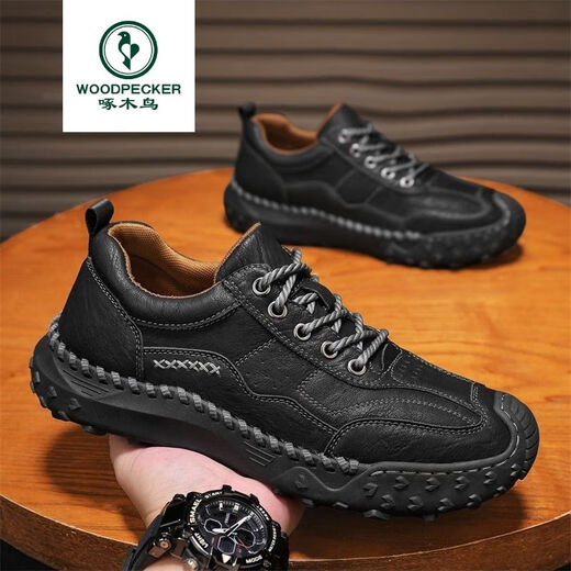 
Woodpecker high-end new style new handmade soft sole men's shoes spring casual shoes men's leather shoes flat large size loafers 9893 light brown 38