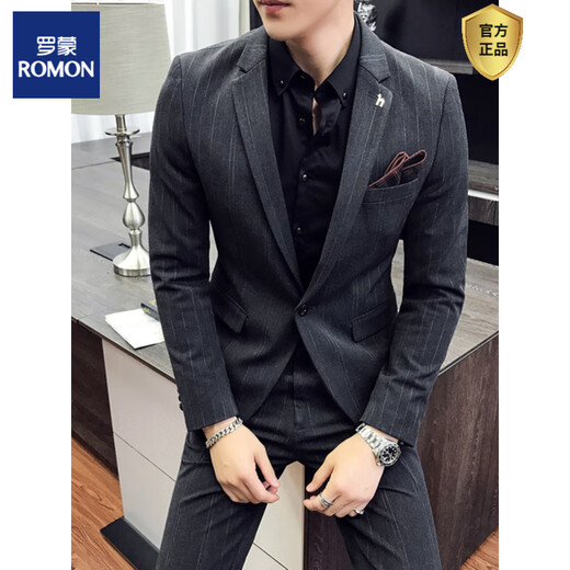 ROMON Korean style suit, handsome and trendy male wedding groomsmen dress host slim suit two-piece suit 102 black two-piece suit = suit + pants S (suitable for 95-105 Jin Jin equals 0.5 kg)