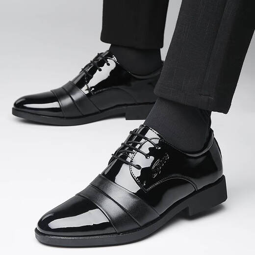 Pei Kezhen en cuir souple Business décontracté chaussures en cuir formel semelle plate Sole Men pointu pointue hauteur invisible augmentation grande taille chaude plus 9921 brillance noire hauteur augmente 38