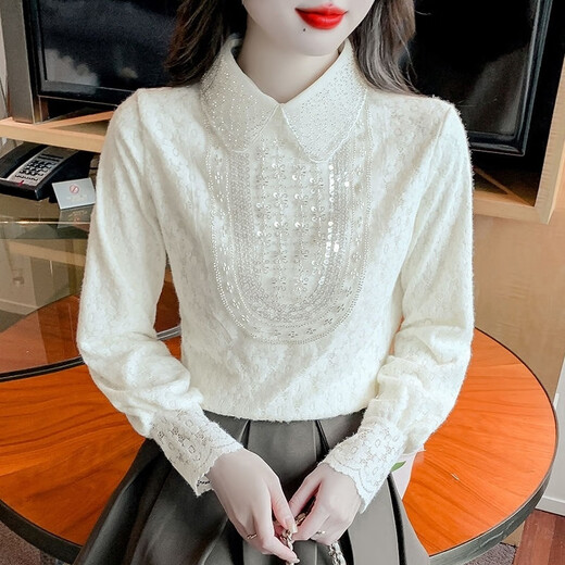 Luo Meng lace inner shirt for women 2025 new autumn and winter fashionable fashionable plus velvet bottoming doll collar long-sleeved top white regular L 105-120 Jin Jin is equal to 0.5 kg