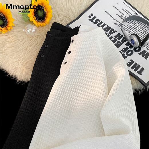 MMOPTOP American Henry collar long-sleeved T-shirt autumn and winter men's textured solid color bottoming shirt MTX20 white XL