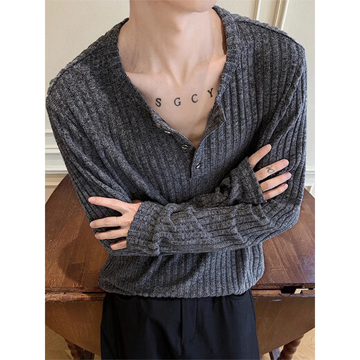 Junyin cleanfit right shoulder long-sleeved T-shirt men's autumn new high-end Henry collar knitted sweatshirt with base layer black M