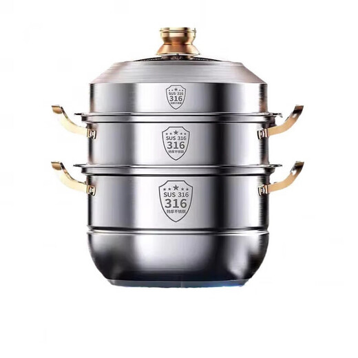 Fat Donglai same style steamer 316 stainless steel household food grade 304 thickened soup pot steamed buns double layer three or four layer induction cooker 316 golden ear steamer three layers 316 28cm
