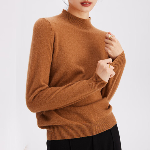 PALUOPO casual and versatile 100% cashmere sweater for women autumn and winter basic multi-color half turtleneck knitted warm sweater New Caramel half turtleneck L 165/105