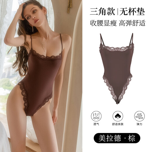 今夕何夕性感内衣女薄款蕾丝花边辣妹紧身内搭背心吊带塑身连体衣 Coffee/咖色 S