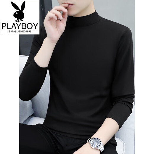 Playboy (PLAYBOY) 2025 new cotton autumn and winter half turtleneck bottoming shirt men's slim fit long-sleeved T-shirt mid-collar men's autumn clothes YPT192 black half turtleneck M recommended 100-115Jin Jin equals 0.5 kg