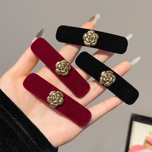 Retro camellia velvet hair clip for women with side broken hair bangs clip headband hair clip camellia velvet 1 black + 1 red