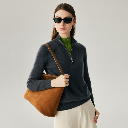 Zhaojun 2025 Autumn and Winter New Half Turtle Collar Cashmere Sweater Women's Contrast Color Fake Two-Piece Knit Sweater Thickened Bottoming Sweater Iron Gray L