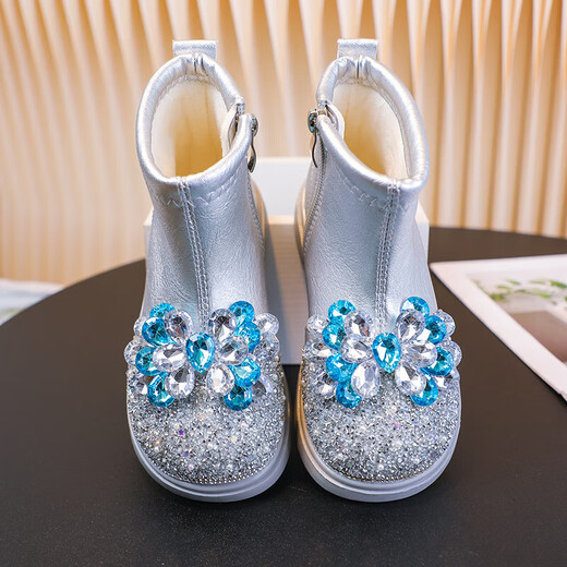 Velvet girls' boots 2025 spring, autumn and winter children's Elsa Princess shoes girls Martin boots crystal short leather boots winter blue size 28 inner length 17 cm