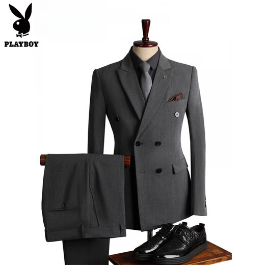Playboy suit men's British style double-breasted high-end business casual suit three-piece groom's wedding dress men's medium gray (suit + pants) L 50