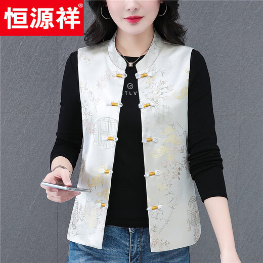 Hengyuanxiang New Chinese Style National Style Vest Women's Spring and Autumn Short Style 2025 New Style Foreign Style Outerwear Vest Mother's Thin Vest Vest Off-White L Reference 95-110Jin Jin is equal to 0.5 kg
