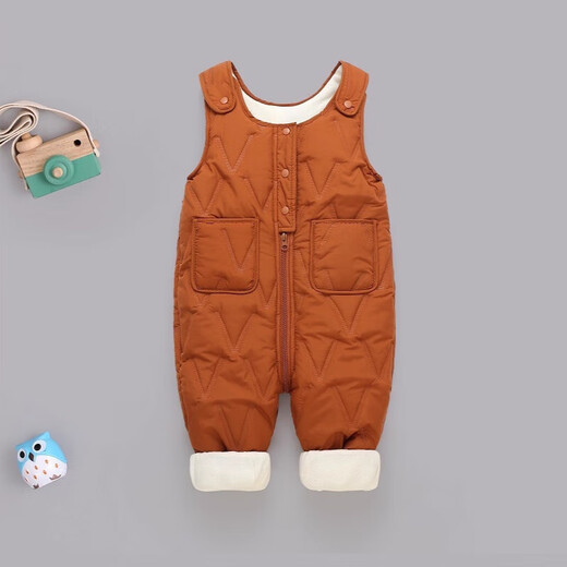G.duck little yellow duck children's overalls autumn and winter boys and girls all-in-one velvet cotton pants baby open stall infants and children thickened brown 90 cm