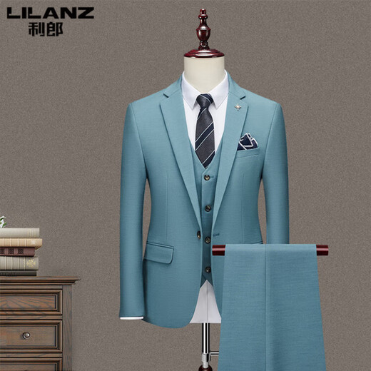 Lilan three-piece men's suit business professional formal small suit Korean version slim groomsmen groom wedding dress off-white XL