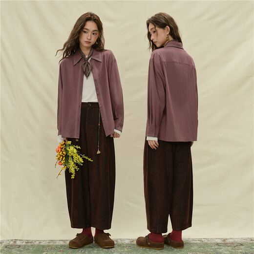 Giordano designer retro embroidered matte drape loose crisp volumetric shirt women's long sleeves 18345831 04 bean paste red S