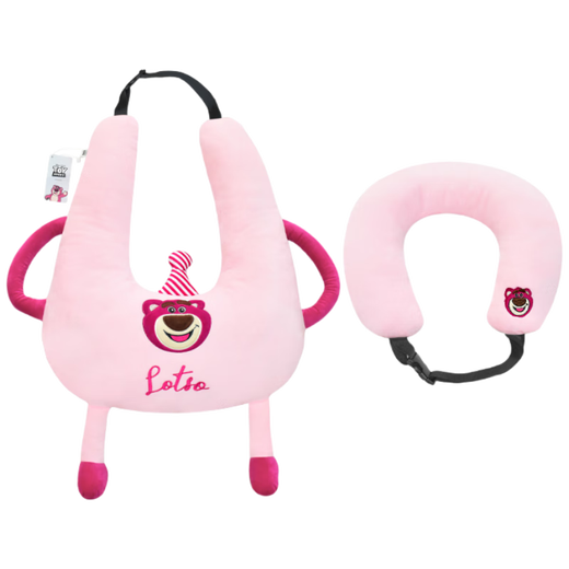 De Galen echtes Disney-Auto-Kinder-Schlafartefakt, hinteres Schlafkissen, Auto-Kindersicherheitsgurt, Anti-Strangle-Kissen, Erdbeerbär-Rosa-Kissen + Kopfkissen