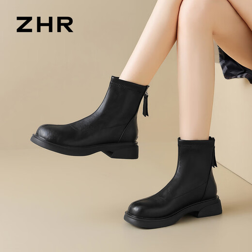 ZHR flat short boots for women 2025 winter new plus velvet British Martin boots for women slimming snow boots for women JF307A black 37