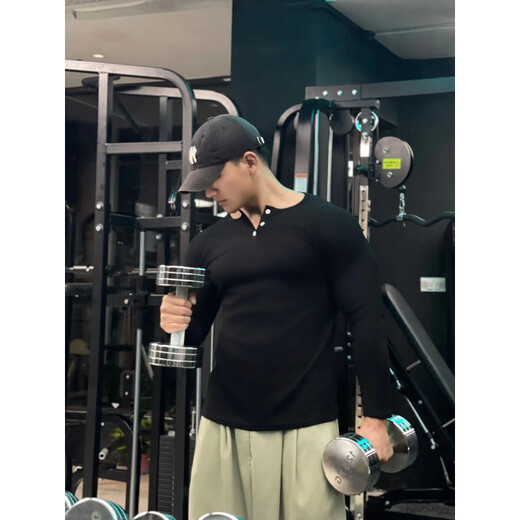 Chuangjingyi chooses fitness long-sleeved American Henry shirt long-sleeved threaded cotton retro men's tough guy raglan fitness show big Henry collar T Henry short-sleeved (black) M suitable for 50-60kg_tight slim fit
