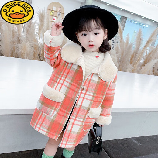 G.DUCKKIDS Girls' Plaid Woolen Coat 2024 Autumn and Winter New Style Western Style Baby Girl Temperament Mid-Length Velvet Woolen Coat Purple Plaid 130 cm
