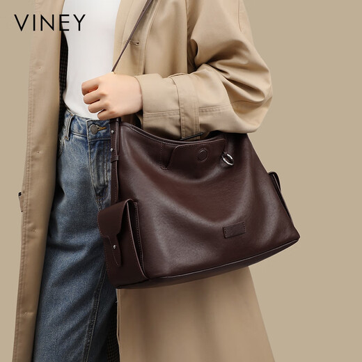 Viney cowhide tote bag women's bag large capacity crossbody bag brand birthday gift for girlfriend and wife brown practical shoulder bucket bag light luxury high-end fashion versatile casual commuting bag