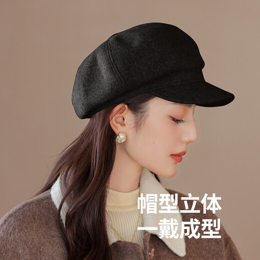 Zhenxiang Hat Women's Autumn and Winter High-end Korean Style Octagonal Hat Fashionable Peaked Hat Beret Hat Showing Your Face Small and Warm B701 Black One Size 55-58cm