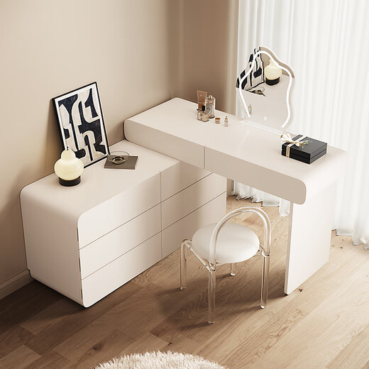 Dipu cream style one-piece dressing table bedroom small apartment storage cabinet light luxury Internet celebrity makeup table T12 bay window table 1m dressing table + 1.2m cupboard + acrylic makeup stool + mirror