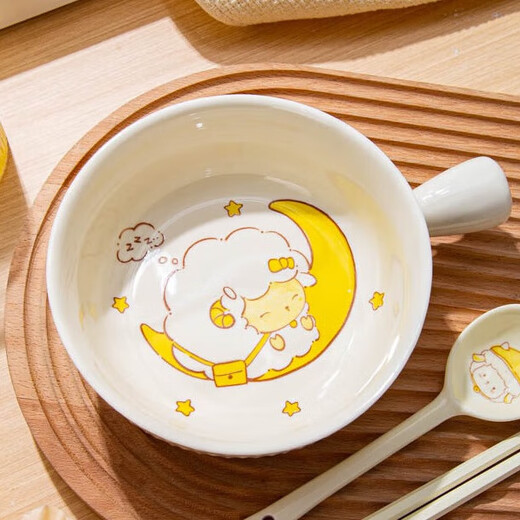 Cream tableware for one person, cartoon ceramic handle bowl, underglaze color instant noodle bowl, household rice bowl, high-looking plate, Goodnight Sheep (handle bowl) 1-piece set