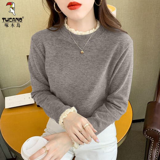 Woodpecker velvet thickened German velvet half turtleneck long-sleeved bottoming shirt for women autumn and winter new inner T-shirt lace warm top oatmeal color one-piece velvet 2XL 125-140Jin Jin equals 0.5 kg