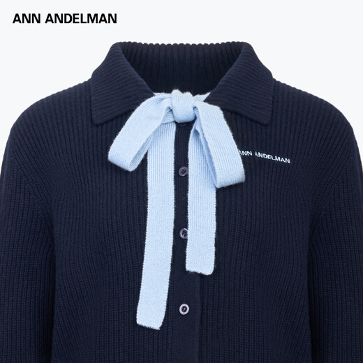 ANN ANDELMAN Official Direct Autumn and Winter Sweater Women's Slim Lapel Lace Contrast Color Wool Cardigan Jacket Navy Blue XS