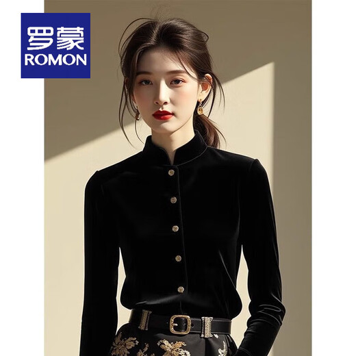 ROMON New Chinese style black velvet bottoming shirt for women autumn and winter new niche stand-up collar shirt with horse skirt top black S 80-95Jin Jin is equal to 0.5 kg