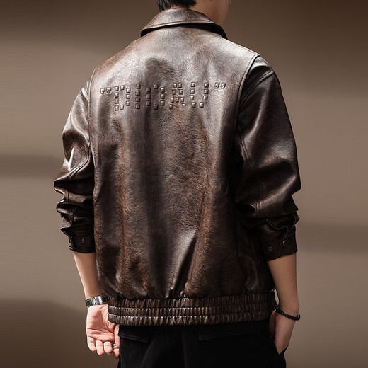 CANELIN KISKHA high-end retro old money style distressed lapel PU leather jacket for men 2025 autumn new high street motorcycle loose jacket for men coffee color regular L recommended 120-140Jin Jin equals 0.5 kg