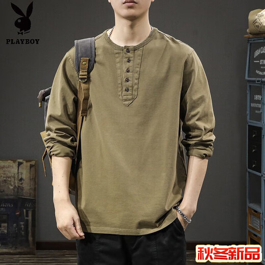 Playboy (PLAYBOY) 2025 new casual men's fashion long-sleeved T-shirt loose and thin spring and autumn trendy brand Henry collar bottoming shirt sweatshirt Gray M _ Recommended 86-100Jin Jin equals 0.5 kg