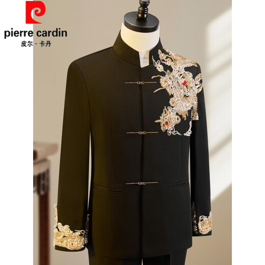 Pierre Cardin New Chinese Style Xiuhe Suit Groom Mao Suit Wedding Suit Tang Suit Blazer Men's Engagement Black Toast Suit Dragon Pattern Top + Pants M Contact Customer Service for Size