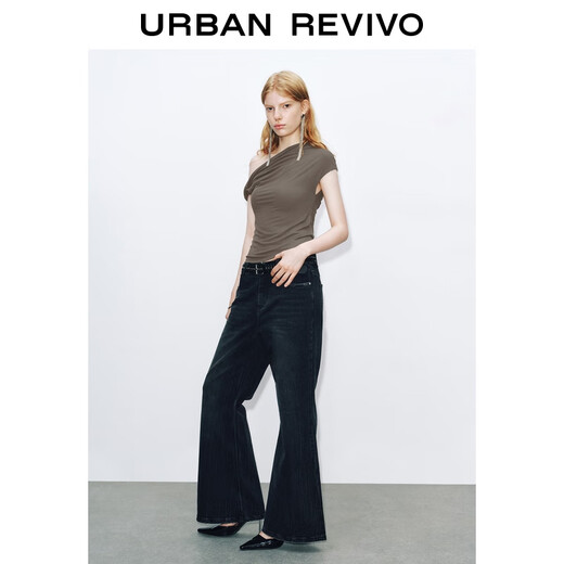 UR2025 new autumn women's trendy shoulder collar twisted slim T-shirt UWJ450152+ light gray brown M