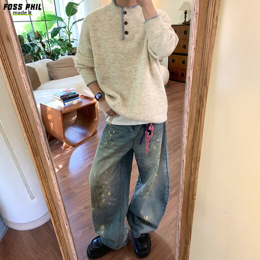 Foss Phil sweater men's autumn and winter American pullover sweater Henry collar lazy bottoming shirt men MZ0057 apricot L