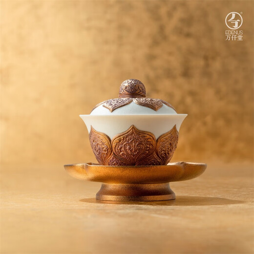 Wanqiantang (Edenus) jointly branded Shaanxi Libo high-end complete set of tea sets, ceramic household covered bowl set, tea cup, accompanying gift box, Tang Dynasty golden bowl, as a gift (white sand glaze) 1 covered bowl, 1 bowl holder, 2 cups and 2 saucers