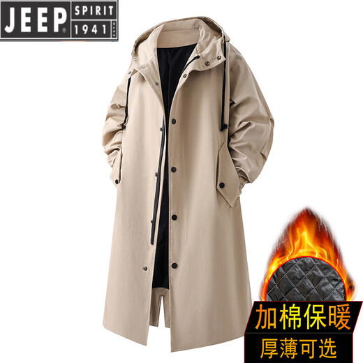 JEEP SPIRIT windbreaker men's spring and autumn mid-length over-the-knee loose hooded velvet coat large size trendy brand winter thickened coat khaki cotton 2XL