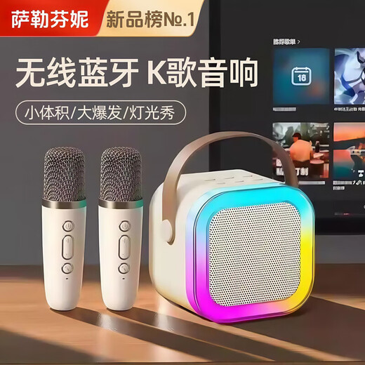 Serafani K-Song-Mikrofon-Audio: Tragbares All-in-One-Funkmikrofon für den Außenbereich, singender Bluetooth-Lautsprecher, Heimset, kleiner Lautsprecher mit Soundkarte, Mini-KTV-Smart-Off-White-Dual-Mikrofon, HIFI-9D-Surround, kleine Größe/großer Burst/Lichtshow