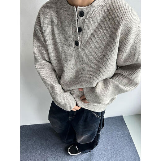 Xiaohongshu popular gray American retro Henry collar sweater men's winter lazy style knitted sweater cleanf light gray upgraded version 90 choices M M