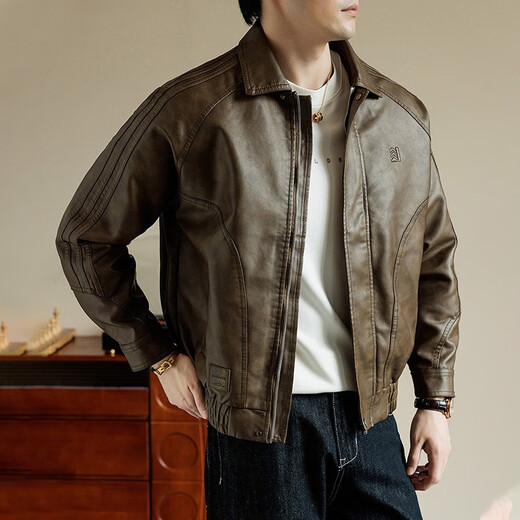 Kaduton 8XL leather jacket men's 2025 new autumn lapel casual retro motorcycle trend handsome PU leather jacket brown L