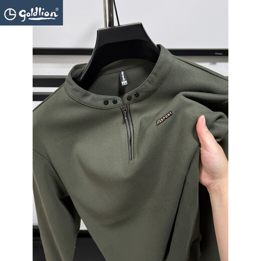 Goldlion autumn henley collar sweatshirt men's casual sports half-zip T-shirt long-sleeved bottoming shirt men's outer wear stand-up collar top Army Green M __48