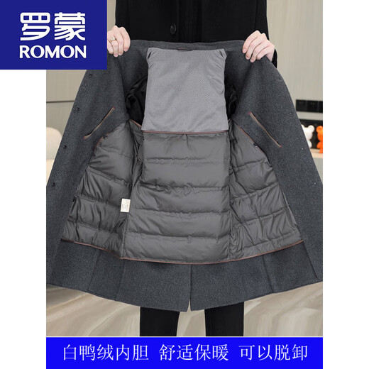 ROMON woolen coat men's mid-length double-sided woolen down lining coat autumn and winter thickened stand-up collar windproof coat M 95-115Jin Jin equals 0.5 kg M HYX-N24628 black stand-up collar wool double-sided woolen coat available